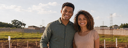 Casal sorridente em pé em frente a um terreno em construção